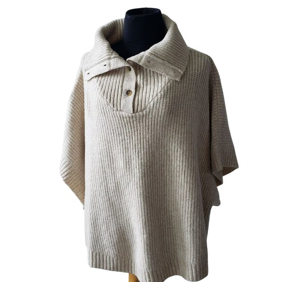 LOFT Button Turtleneck Poncho Cream Oatmeal M/L Knit Sweater Coastal Nautical - Picture 4 of 14